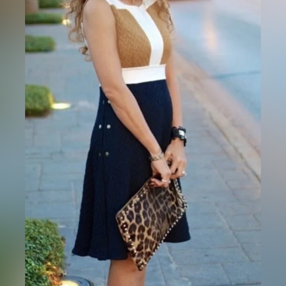 Maeve Anthropologie Color Block Navy Cream Flare Cable Sweater Dress - Picture 2 of 11